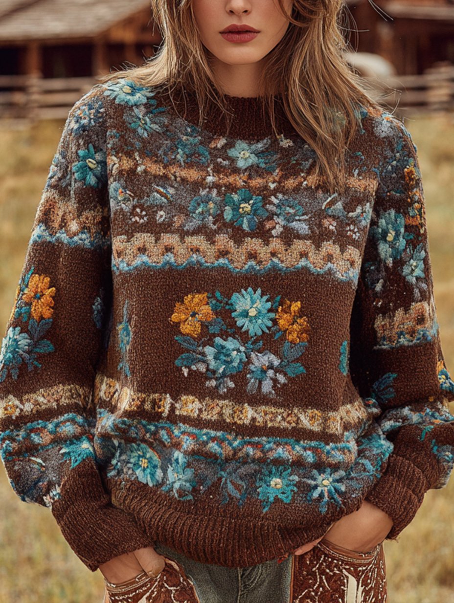 Women's Vintage Western Crew Neck Knit Sweater