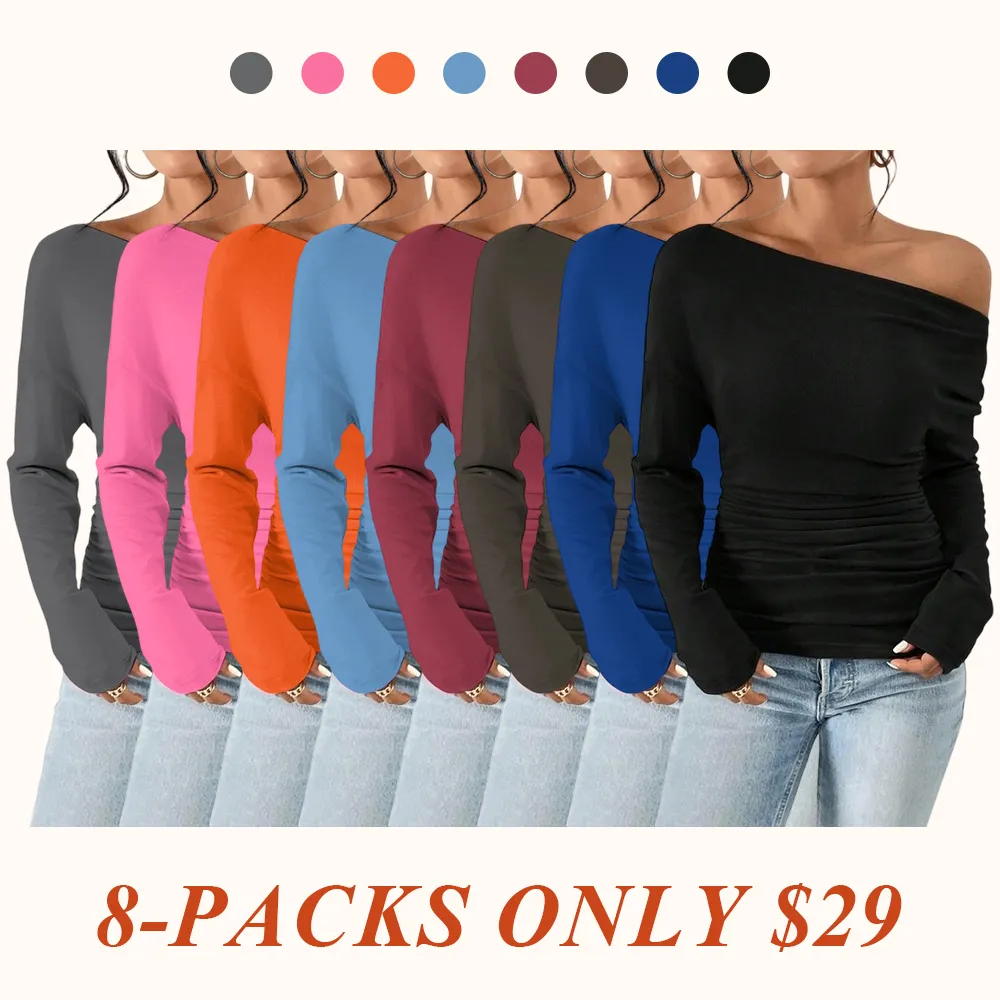 Women's Plain Ruched Asymmetrical Neck Drop Shoulder Tee