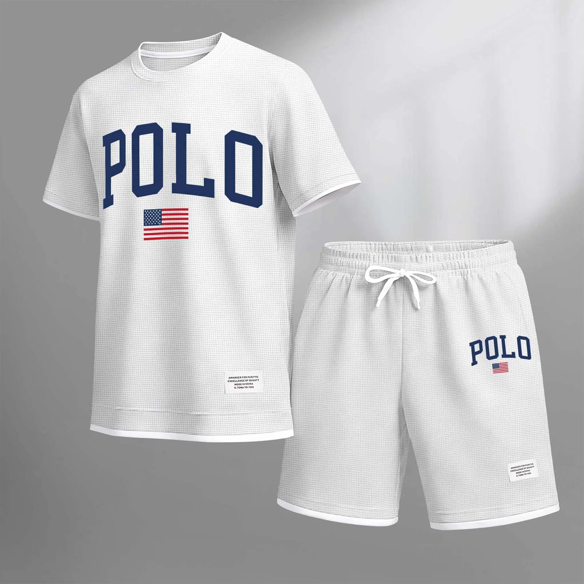 Men's Polo Print Drawstring Shorts Set For Spring/Summer