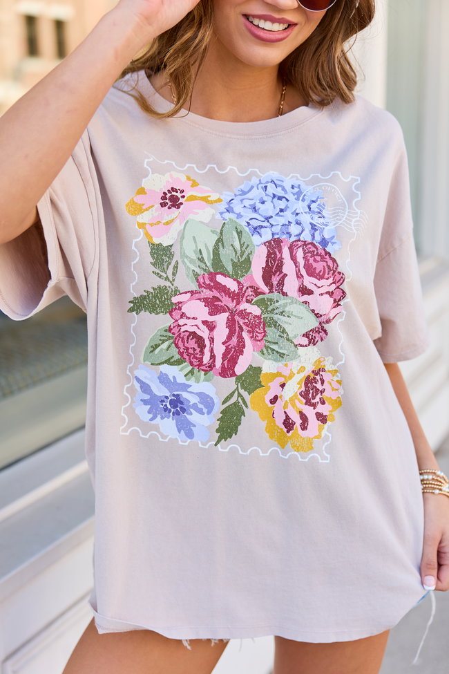 Floral Stamp Taupe Oversized Graphic Tee