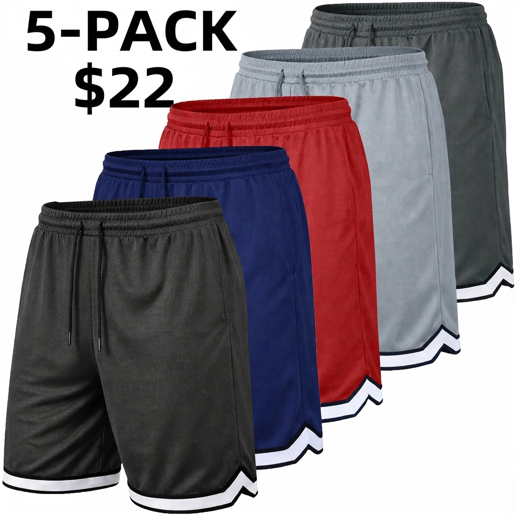 Men's 5-Pack Premium Active Moisture Wicking Workout Mesh Shorts With Trim Summer Outdoor Bottoms