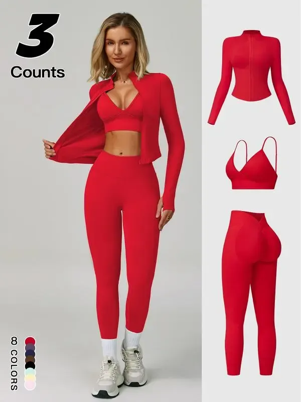 Women Quick-Dry Running Yoga 3-Piece Jacket Leggings Set