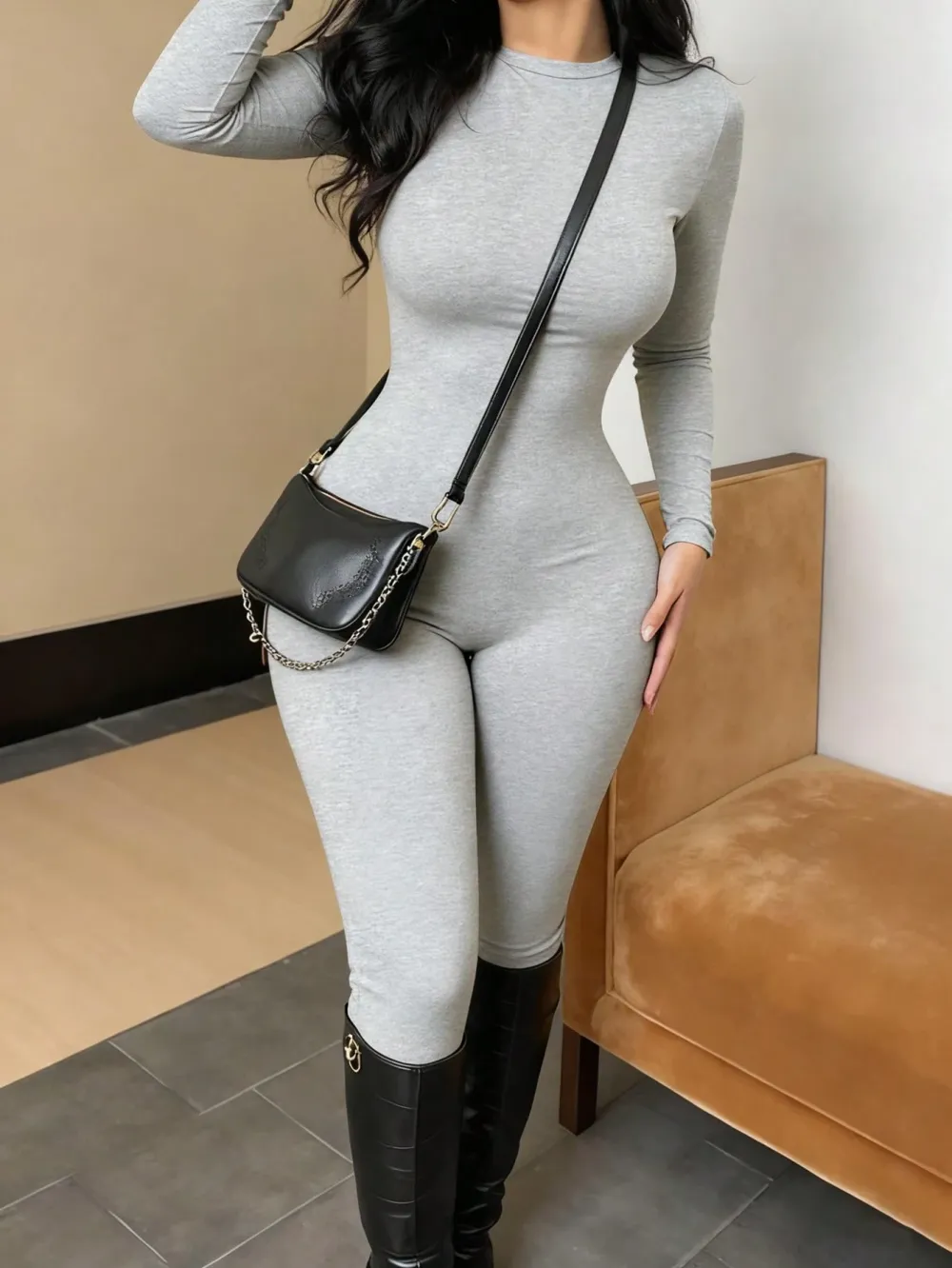 Women Solid Color Long Sleeve Jumpsuit