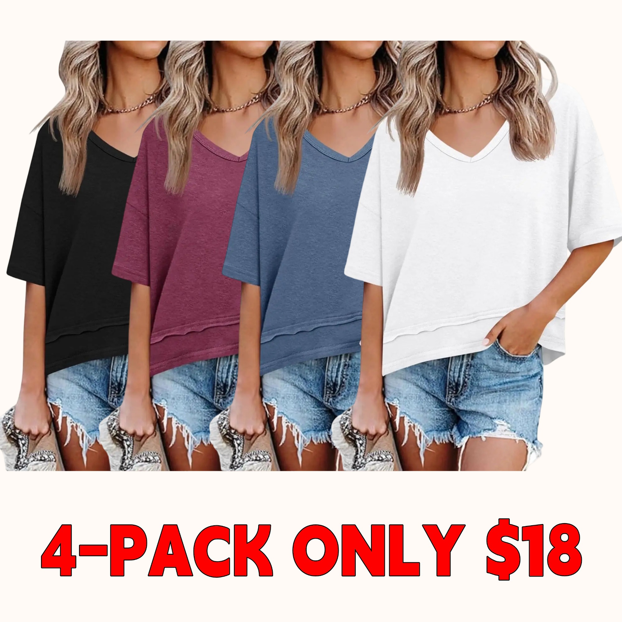 Women's Summer V-Neck T-Shirt — Casual Short-Sleeve Flowy Top | Cute, Loose-Fit Basic Tee