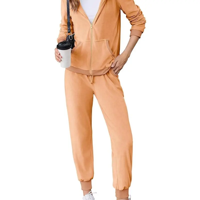 Women's Casual Velour Tracksuit Set Full Zipper Hoodie