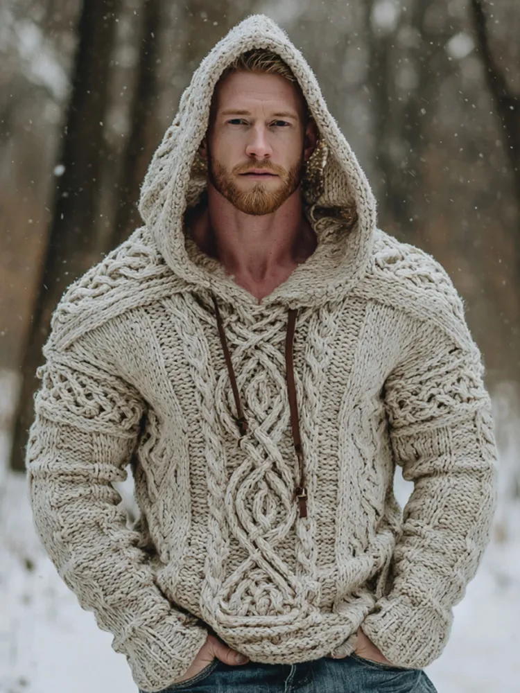 Vintage Fairman Island Celtic Knot Art Jacquard Thick Warm Hooded Sweater