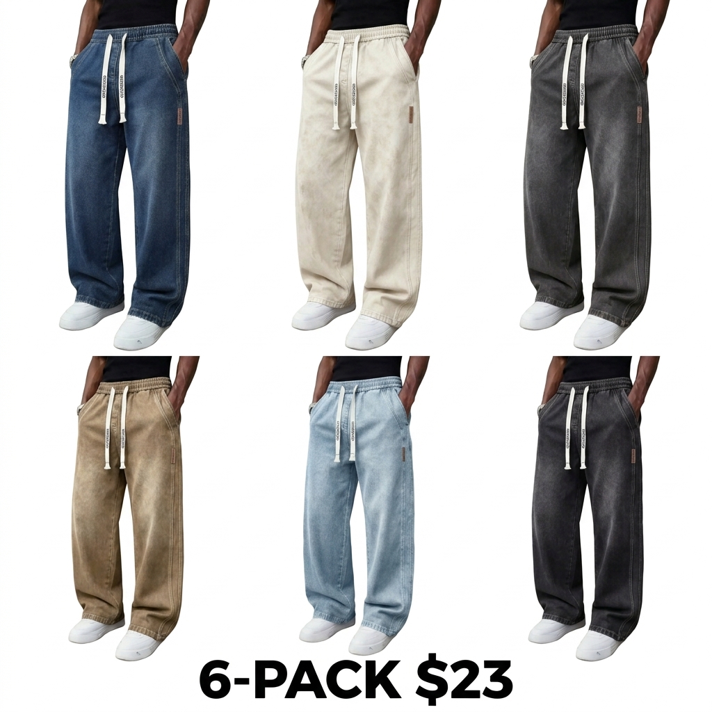 Men's Stretch Denim Jeans – Vintage Washed Straight Leg with Drawstring Waist