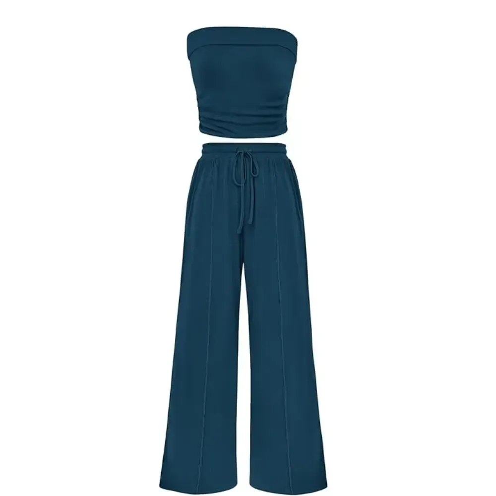 Womens Summer Outfits 2 Piece Sets Casual Ribbed Knit Crop Tube Top Wide Leg Pants