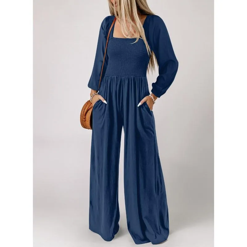 Women's Casual Loose Overalls Jumpsuits One Piece Long Sleeve Wide Leg Long Pant Rompers With Pockets