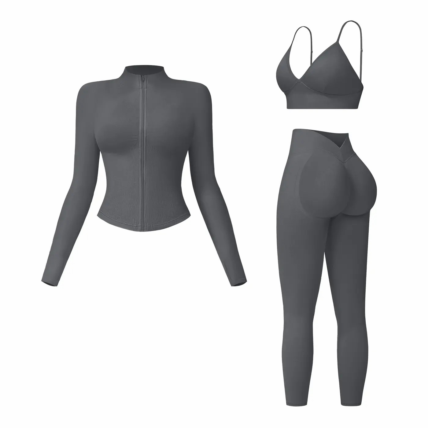 Women's 3-Piece Activewear Set – Criss Cross Crop Top, High Waist Leggings & Zip Up Jacket
