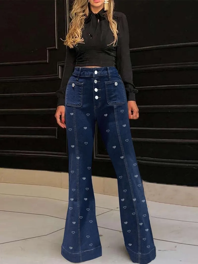 Women's Plain Button Pocket Flare Leg Jeans, Casual Bell Bottom Trousers for Daily Wear