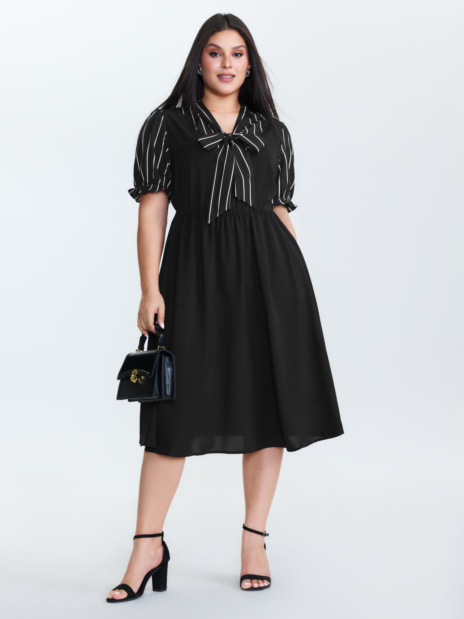 Striped Ribbon Neckline Contrast Midi Dress