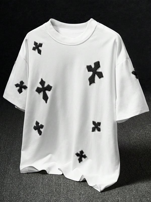 Men's Cross Stitch Embroidered Solid Color Round Neck T-Shirt