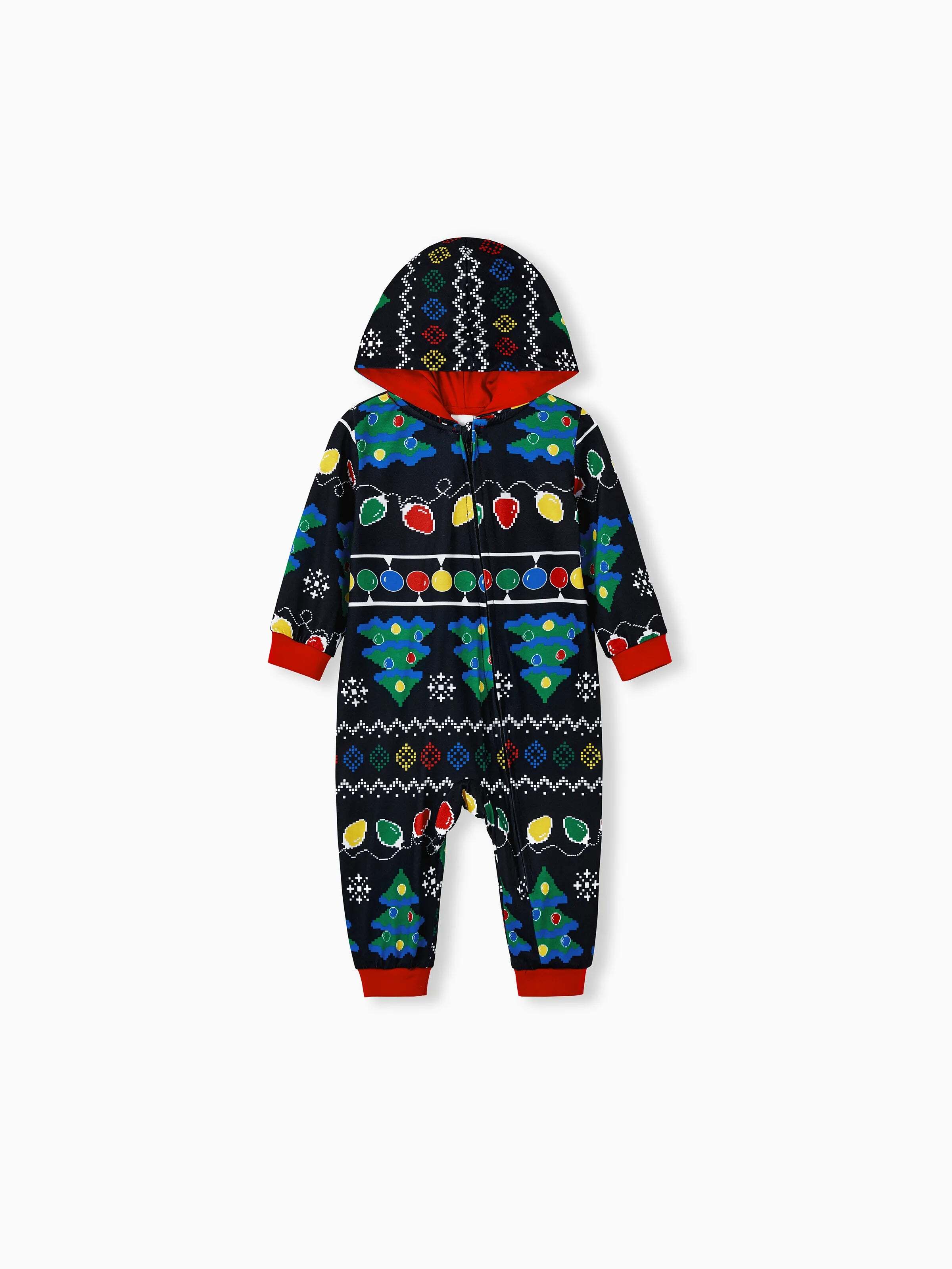 Christmas Onesies Matching Family Pajamas Set Christmas Tree Print PJS with Christmas Socks Black