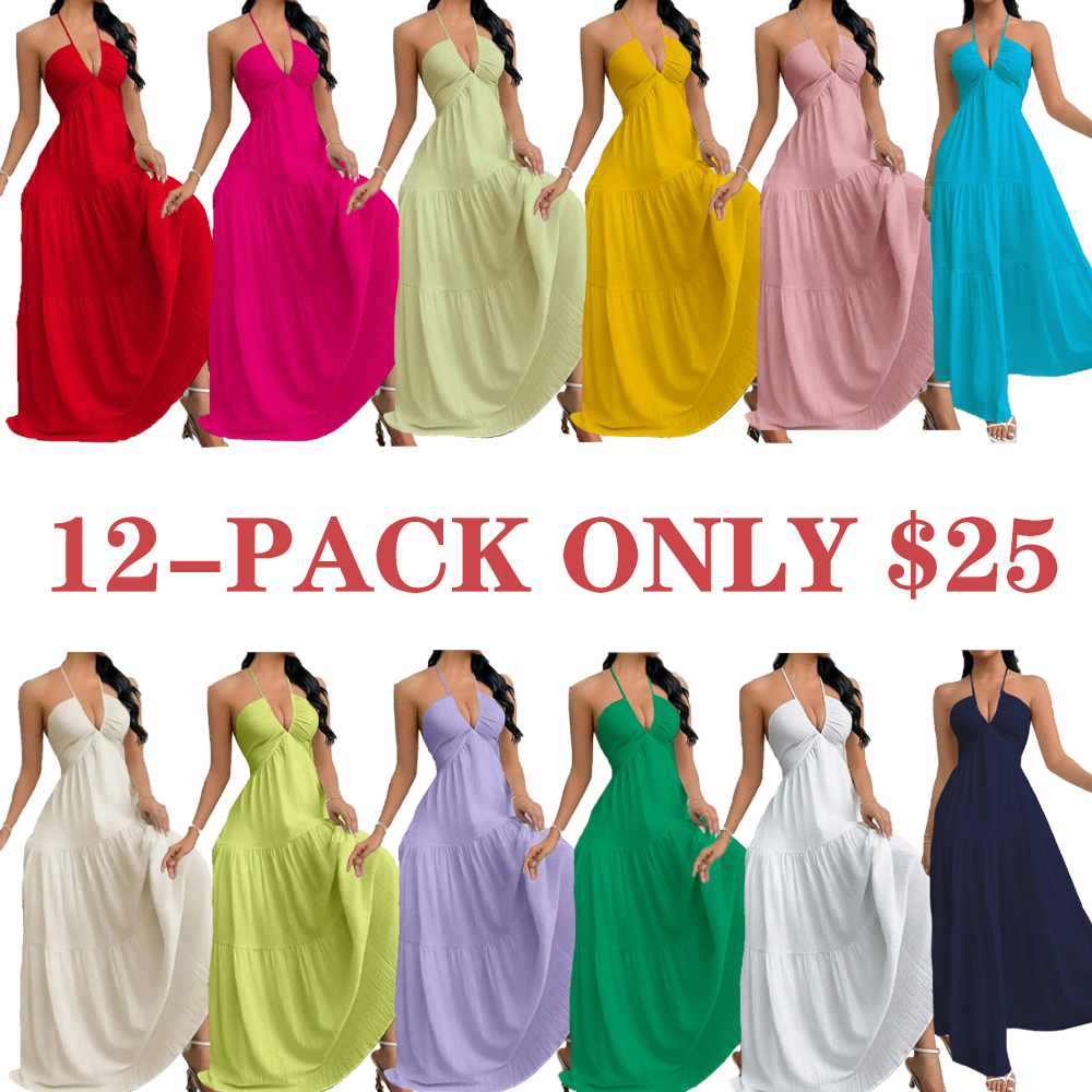 🔥12-PACK ONLY $25🔥Women's Solid-Color Dress Casual, Loose-Fit, Sleeveless Dress & Ideal for Beach Vacations