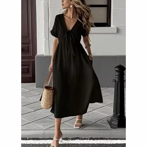 Women's Cotton V-Neck Bohemian Dress – Loose Fit Beach Dress with Pockets