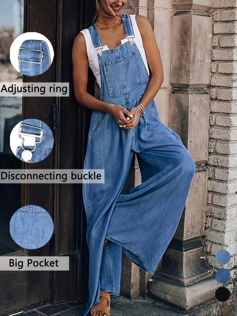 Women's Denim-Effect Print Plicated Wide Leg Overalls Jumpsuit