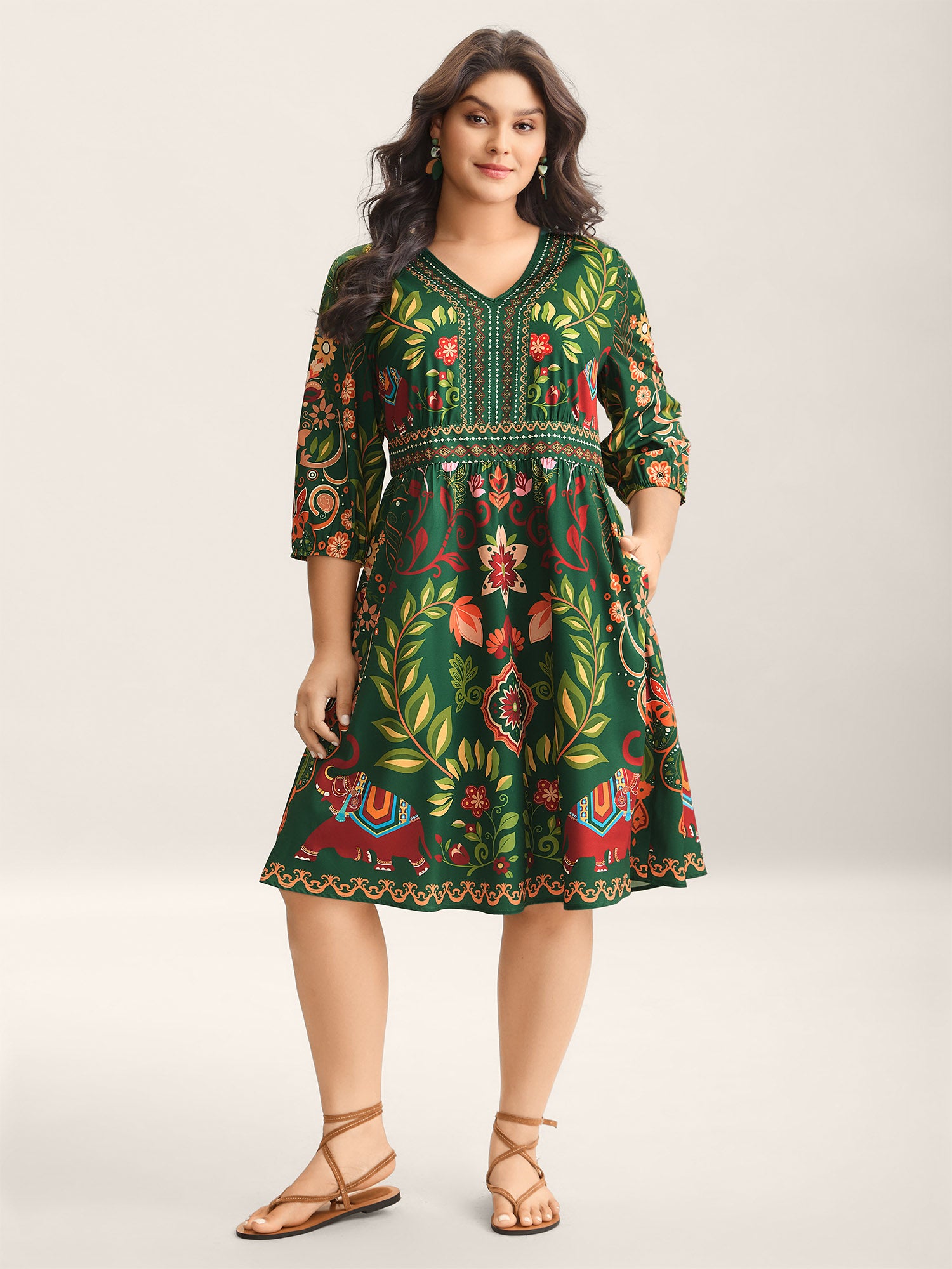Boho Print V-Neck Pockets Mini Dress