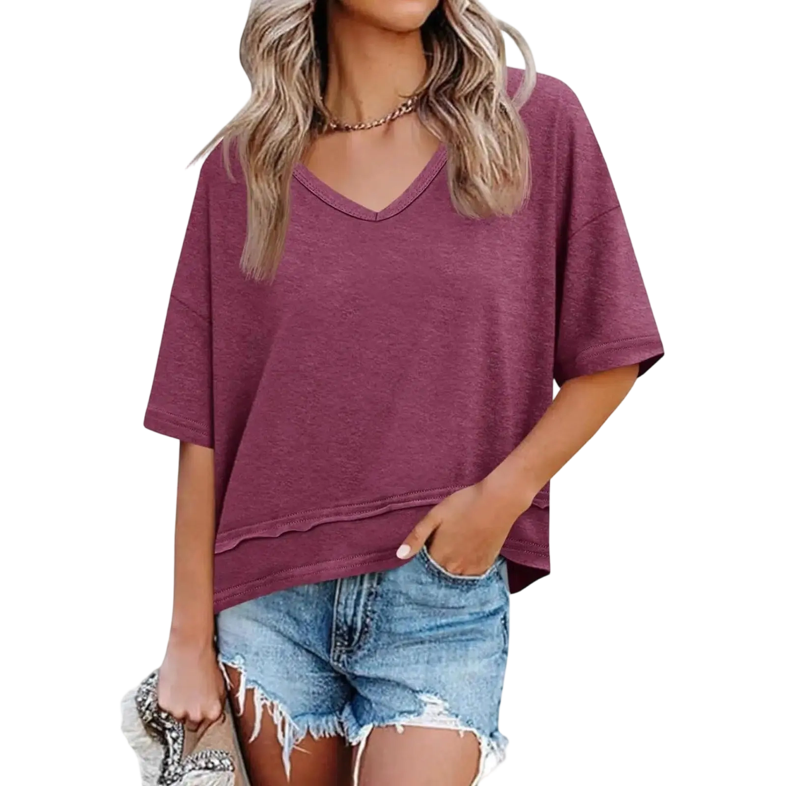 Women's Summer V-Neck T-Shirt — Casual Short-Sleeve Flowy Top | Cute, Loose-Fit Basic Tee