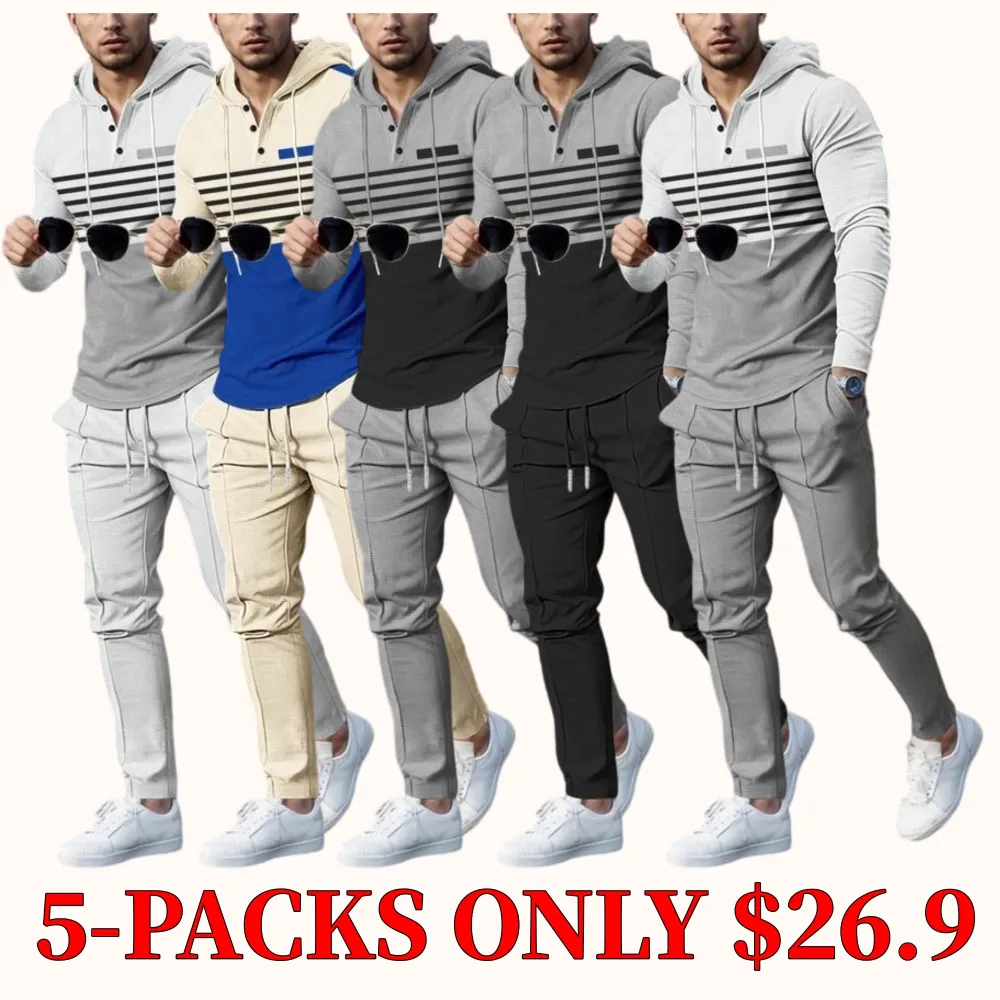 Men's striped hooded sweatshirt and waffle-knit trousers set