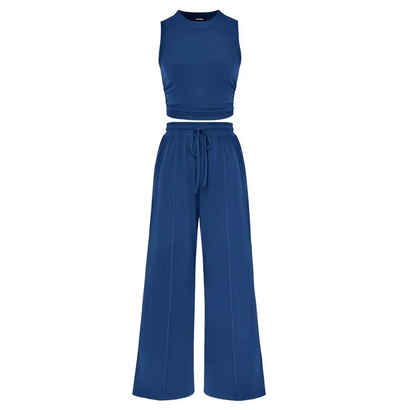 Women's Summer 2-Piece Outfits - Ribbed Knit Crew Neck Sleeveless Cropped Top & Wide Leg Pants Lounge Set