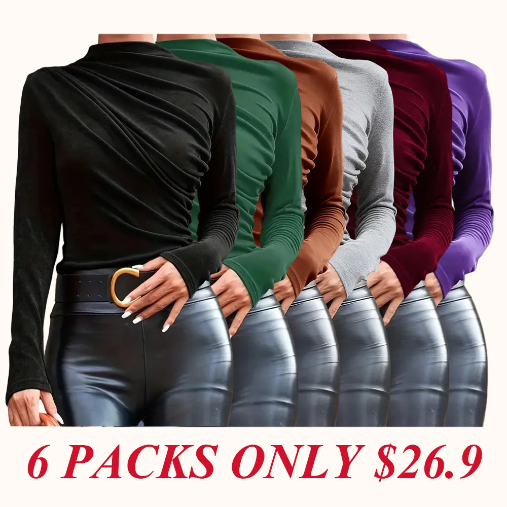 Women's solid color pleated turtleneck T-shirt