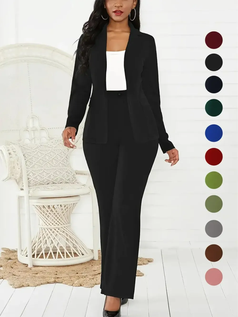 Women's Two-Piece Set Plain Button Lapel Blazer & Suit Pants, Elegant Business Casual Long Sleeve Outerwear