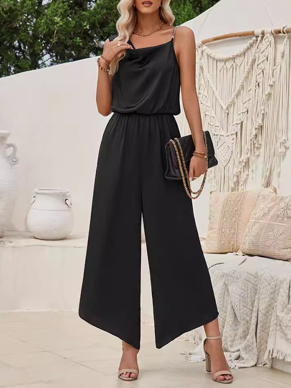 Asymmetric Chains Elasticity Loose Sleeveless Asymmetric Collar Jumpsuits
