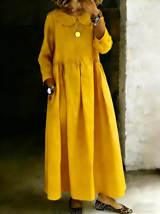 Women's Retro Solid Color Design Lapel Pocket Casual Dress- Fast Shipping