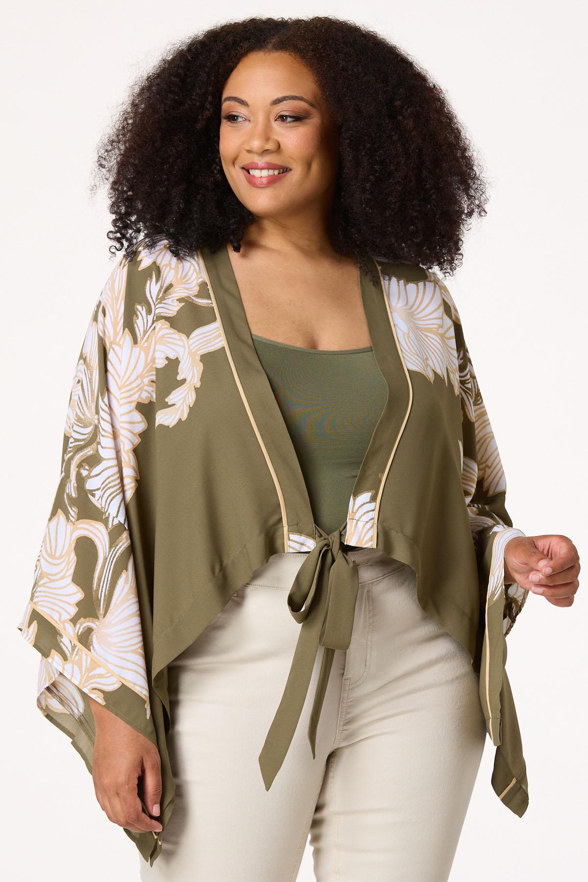 Plus Size Green Floral Tie Front Kimono