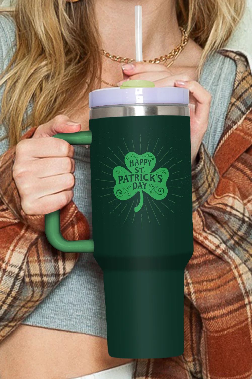 Dark Green St. Patricks Shamrock Print Handle Vacuum Cup 1200ml