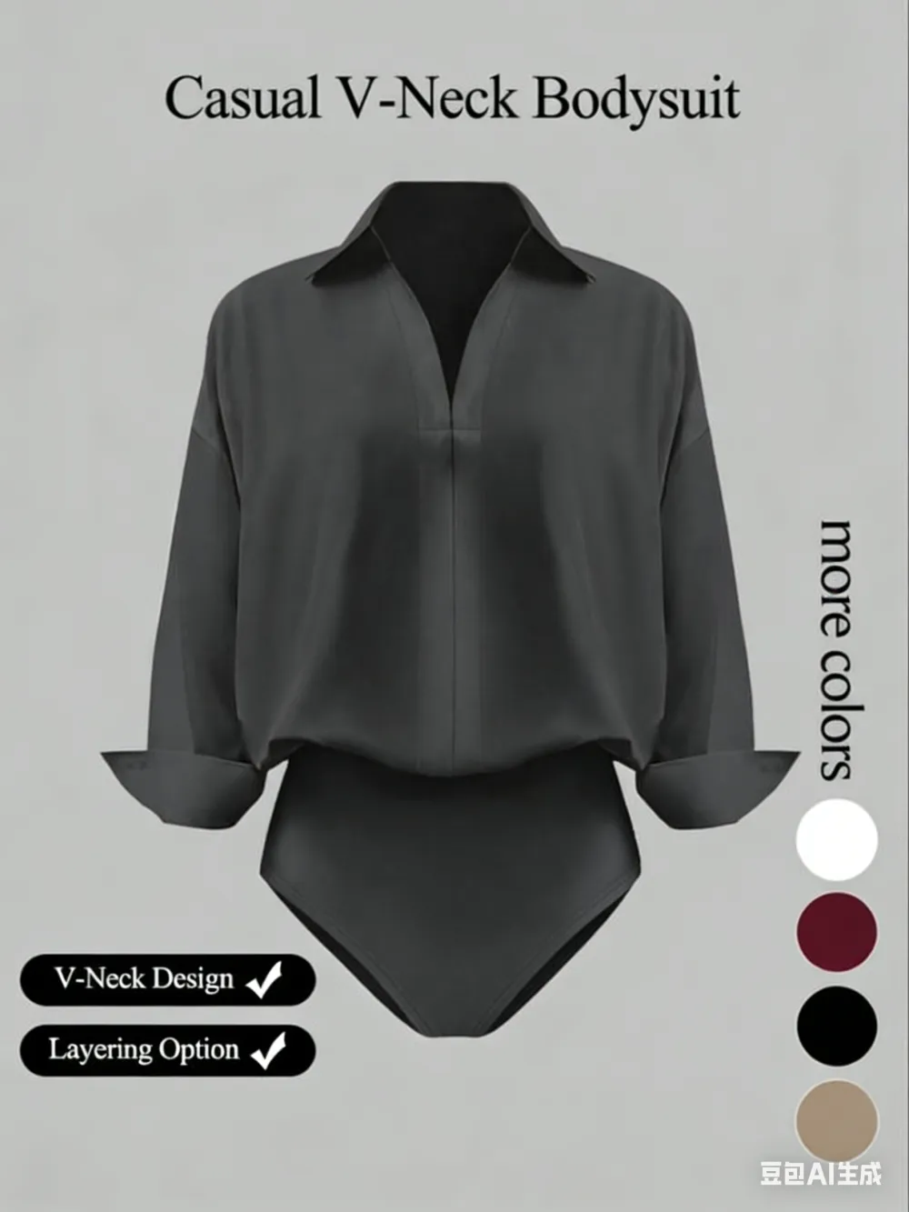 Women's casual loose-fitting V-neck long-sleeved shirt jumpsuit, made from elegant woven fabric