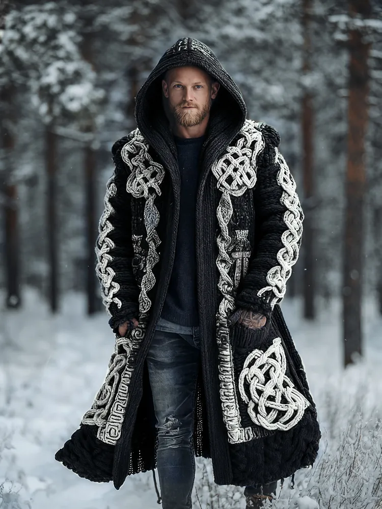 Men's Viking Intricate Celtic Knot Colorblock Pocket Mid-length Cardigan Sweater
