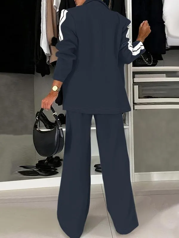 Women's Striped Print Blazer Jacket & Wide Leg Pants Set