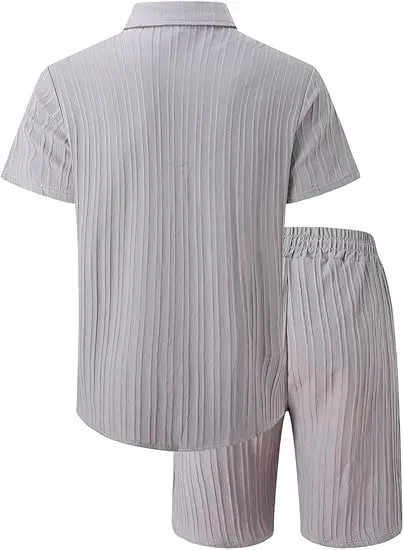 Men'S Solid Textured Short Sleeve Button Front Shirt & Pocket Drawstring Waist Shorts Two-Piece Set, Casual Summer Outfits Clothes Set For Men, Sets For Men Clothing, Menswear,  Summer Outfits Set