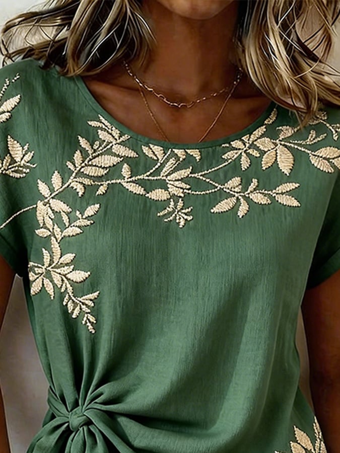 Women's Casual Round-Neck Printed Cotton-Linen Top