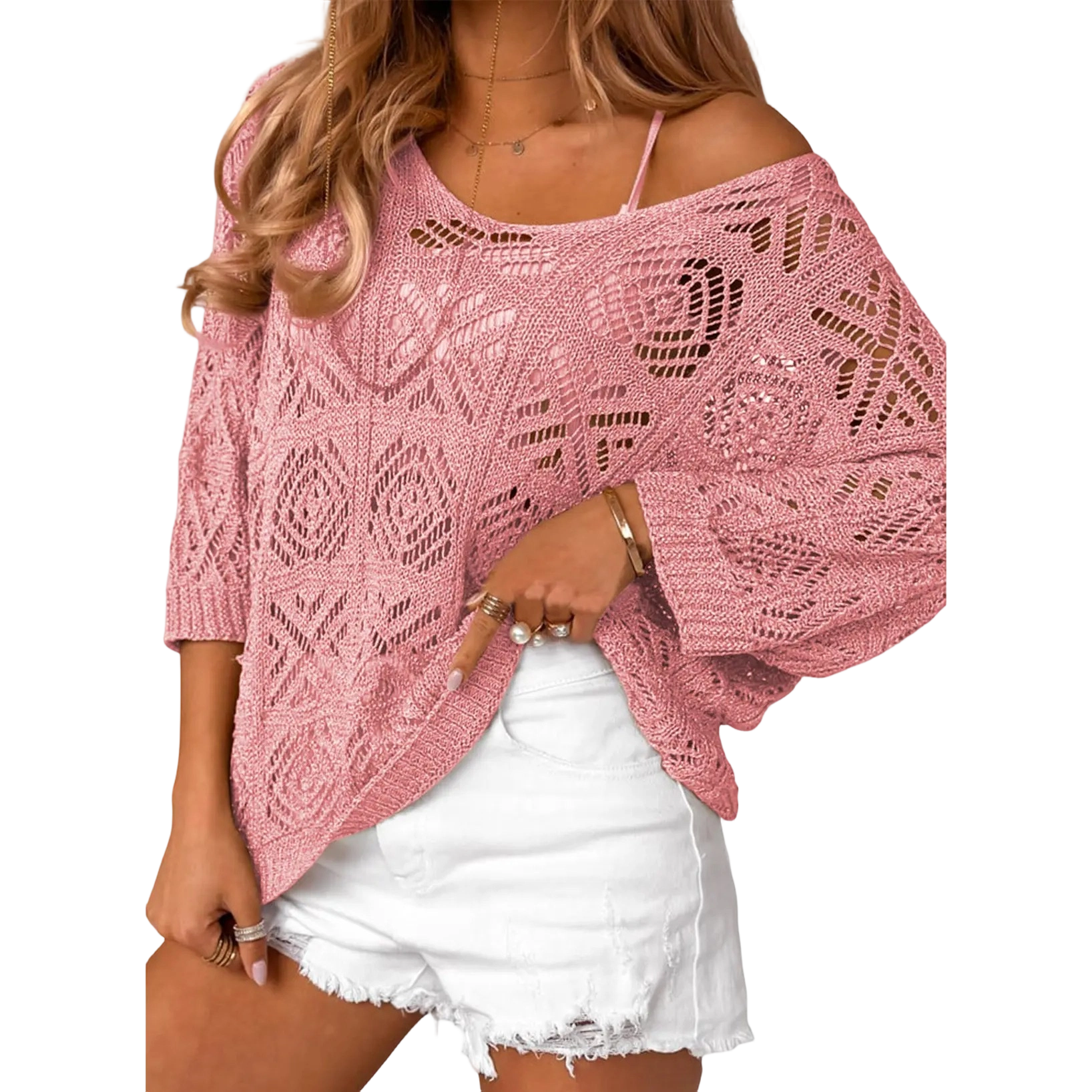 ✨ Women’s Crochet Hollow-Out Off-Shoulder Top – Lightweight 3/4 Sleeve Summer Sweater