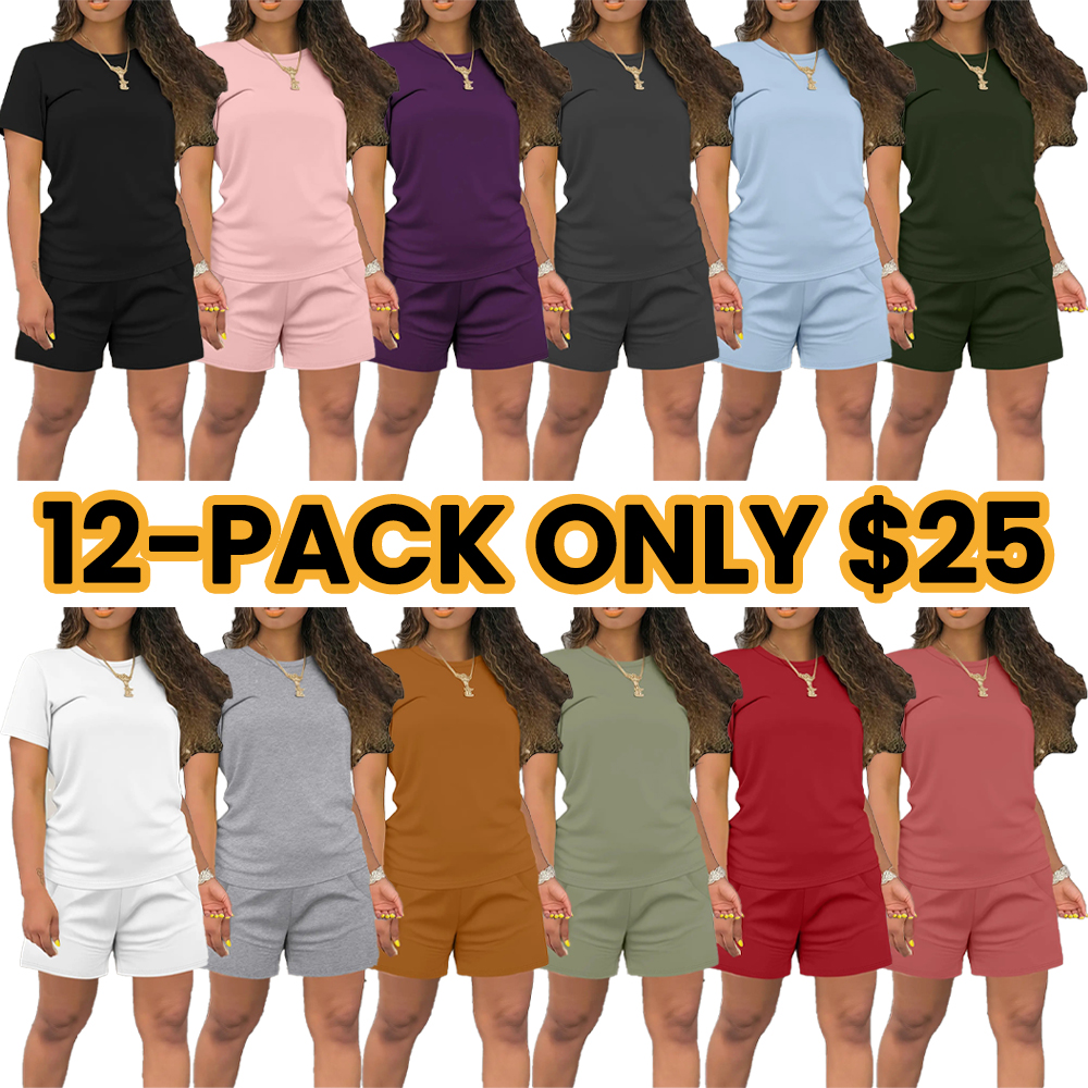 Women's Summer Casual Set, Short Sleeve Top & Shorts, Solid Color
