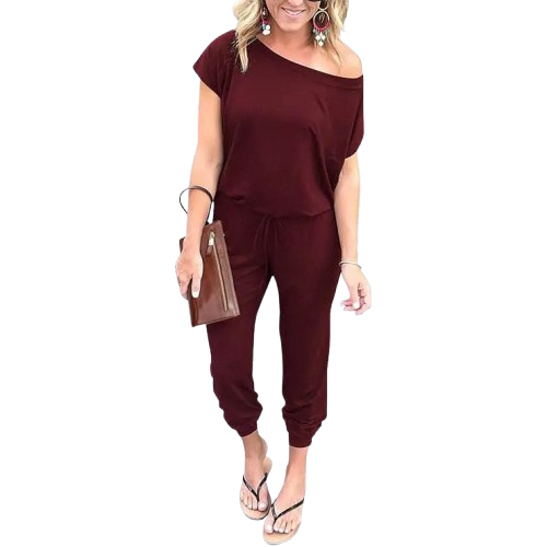 Women's Plus-Size Off-Shoulder Jumpsuit – Elastic Waist, Loose & Comfy Romper