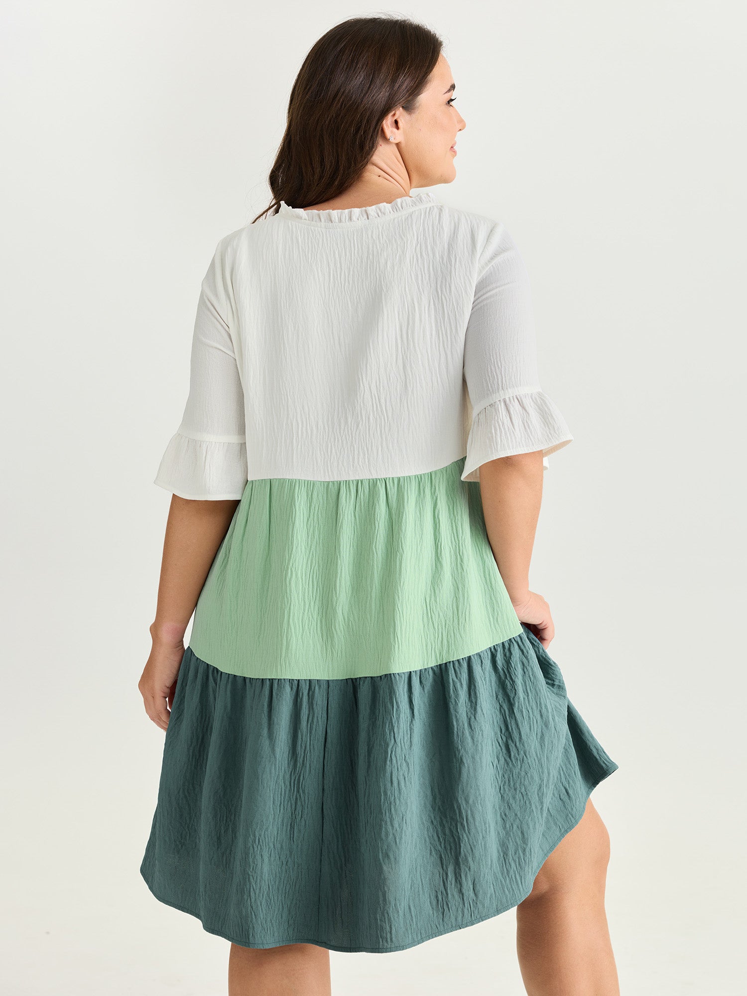 Colorblock Drawstring Neckline Tiered Mini Dress