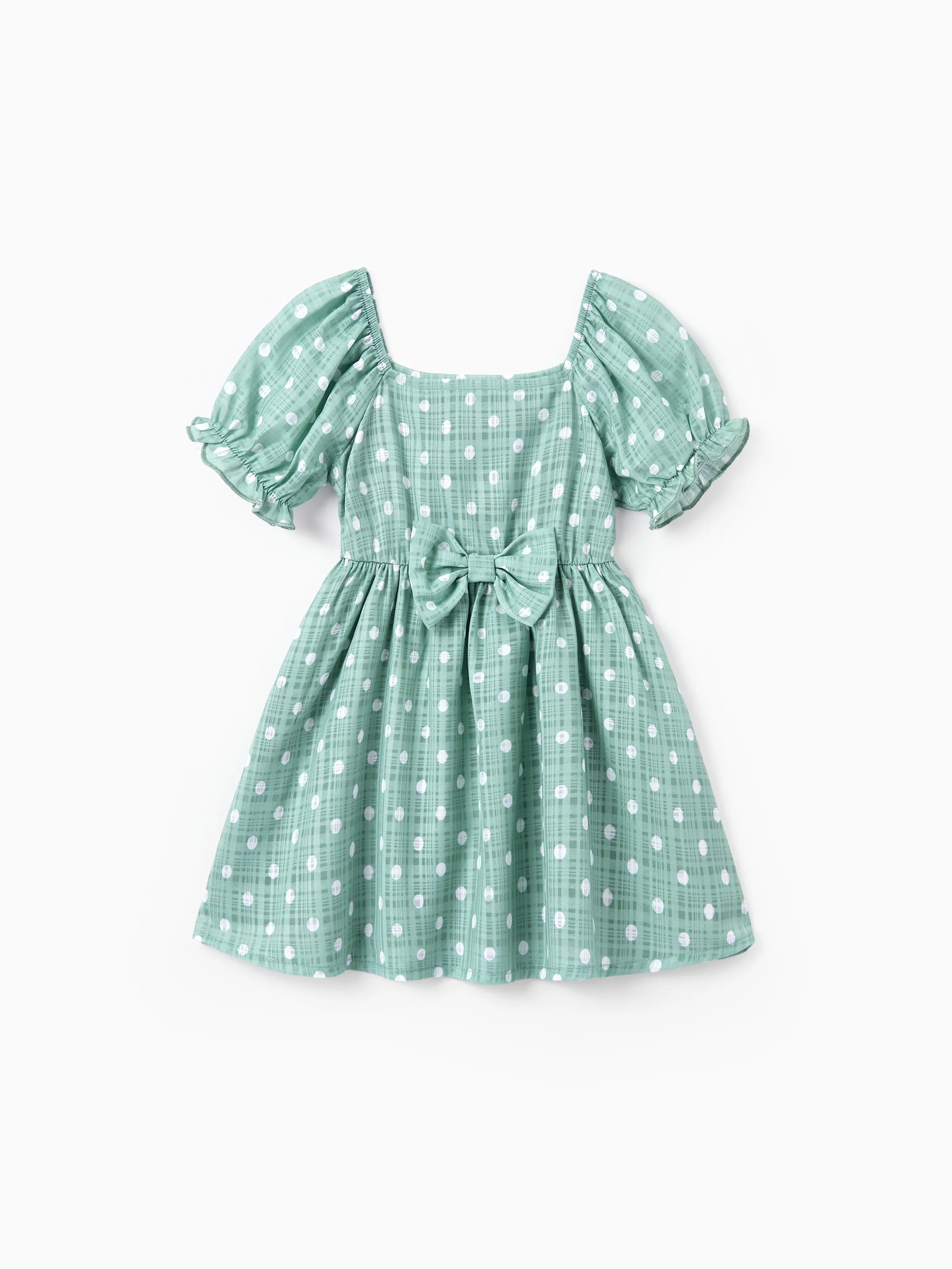 Family Matching T-Shirt & Dress Set Polka Dot Puff-sleeve Dress for Mom, Daughter & Baby, Color Block Cotton Tee for Dad & Son, Perfect for Family Outings & Photos Light Green