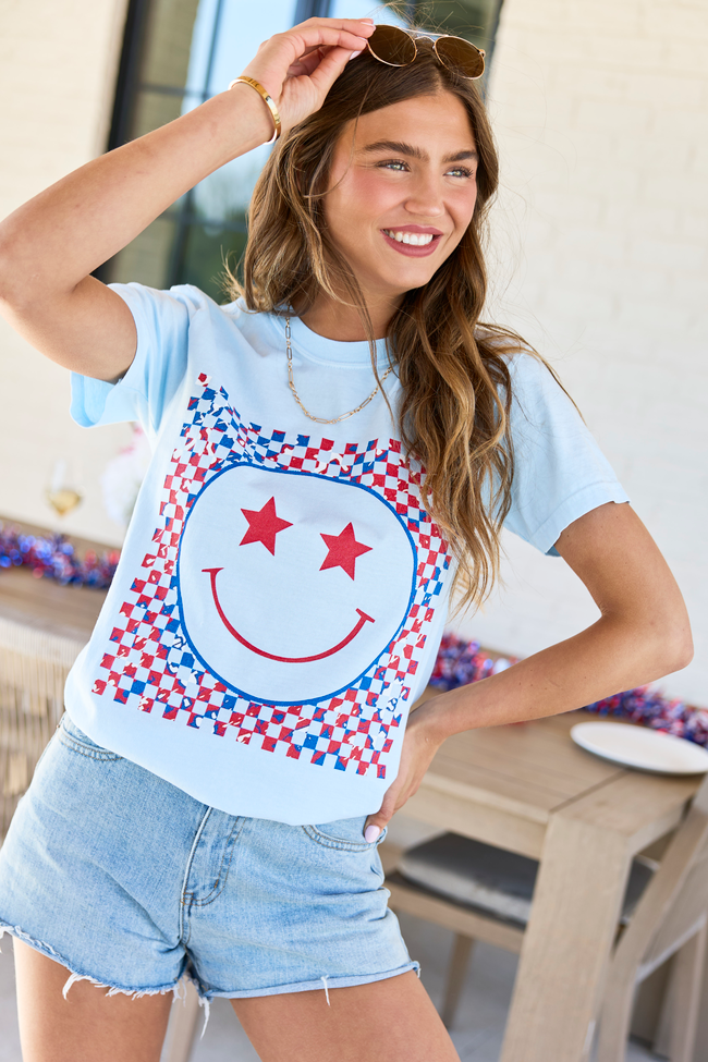 Multi Patriotic Smiley Checkered Light Blue Graphic Tee