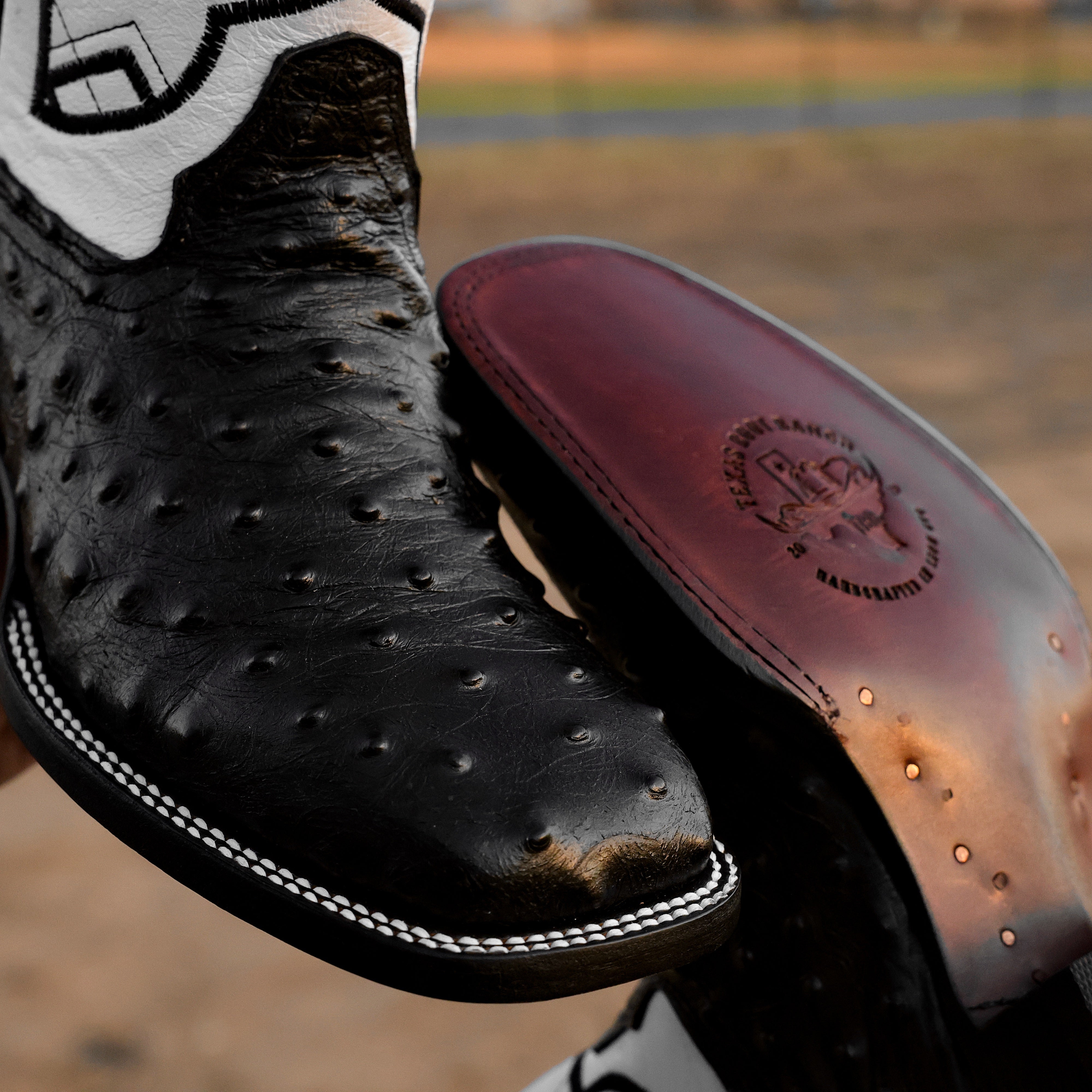 Black Ostrich Leather Boots - Square Toe