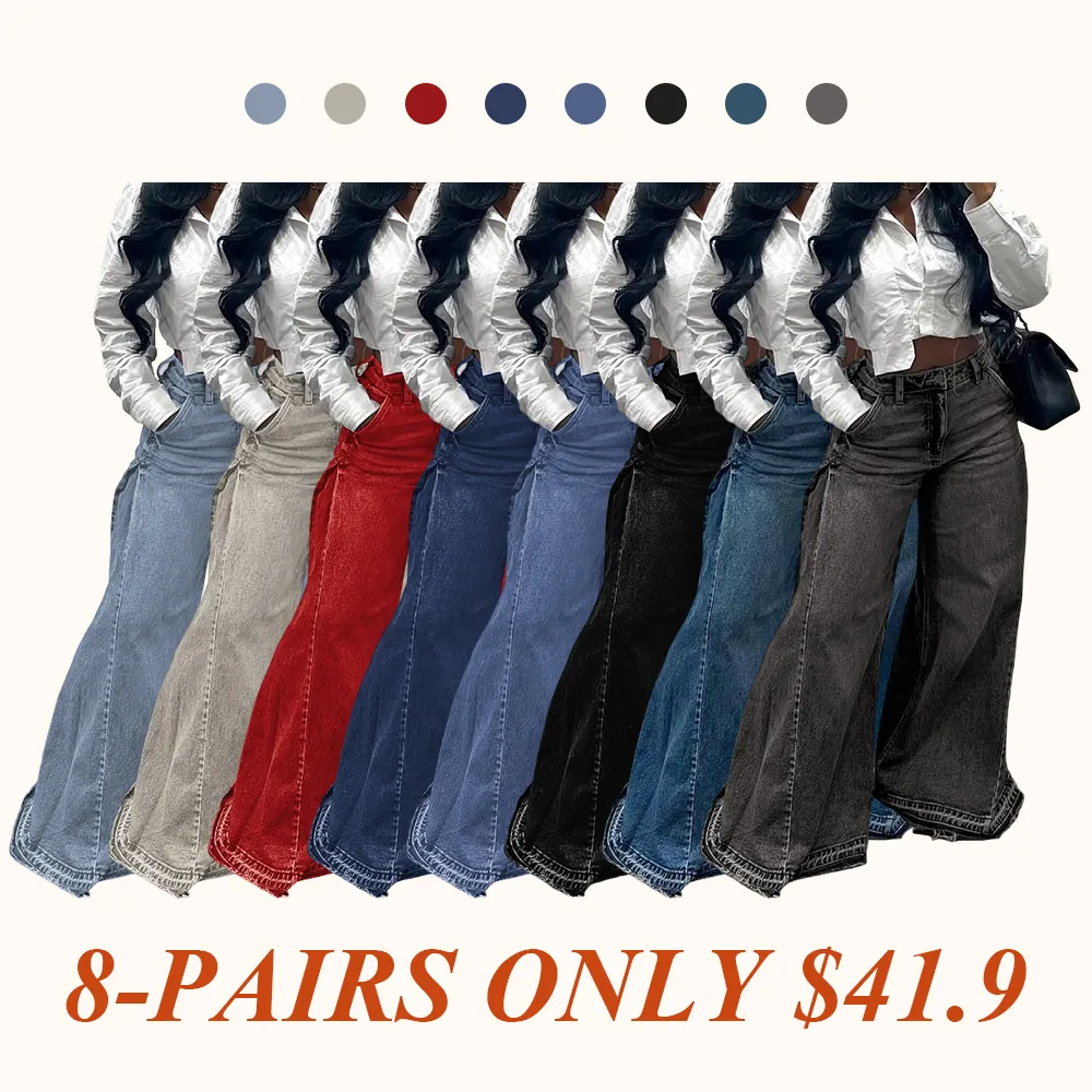 Women Flared Wide Side Loose Jeans High Waist