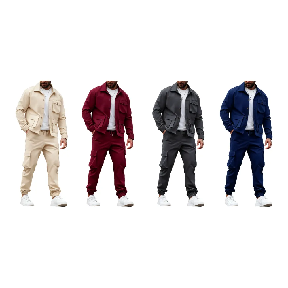 Men's Solid Color Pocket Button Front Jackets & Pants Two-Piece Set