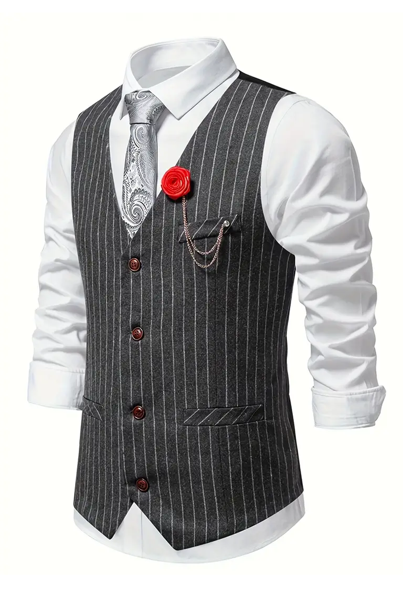 Pinstripe Pattern With A Red Rose Brooch And Chain Pocket Single-Breasted Suit Vest
