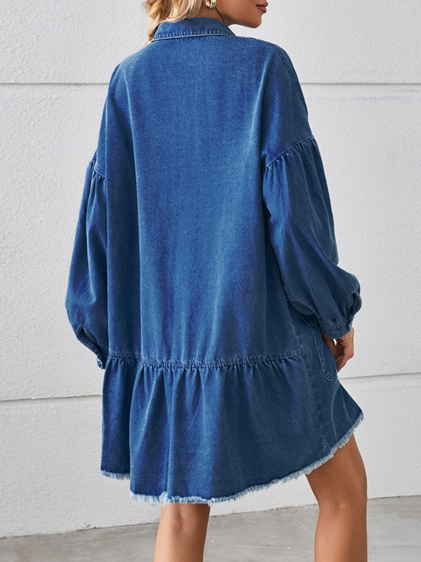 Buttoned Fringed Pleated Pockets Split-Joint Long Sleeves Loose Lapel Mini Dresses