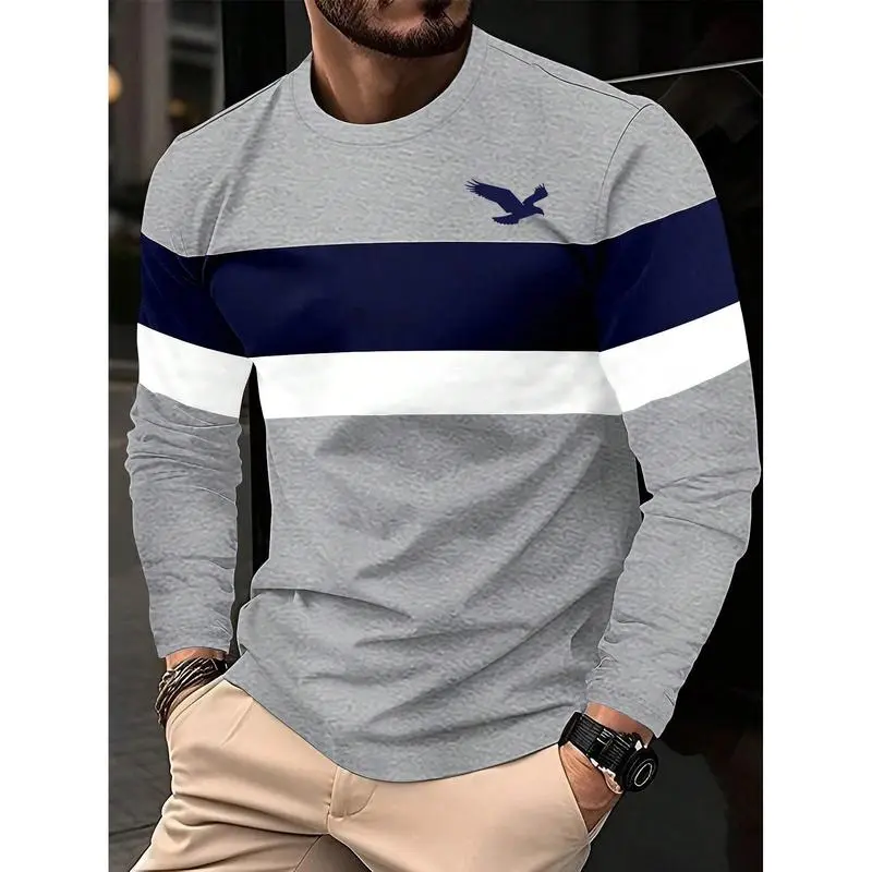 A new autumn and spring color-blocked business style men's casual printed long-sleeved T-shirt top