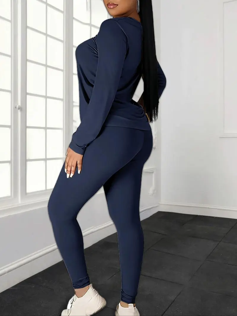 Women's Minimalist Chic Solid Long Sleeve Tee & Elastic Waist Pants Set