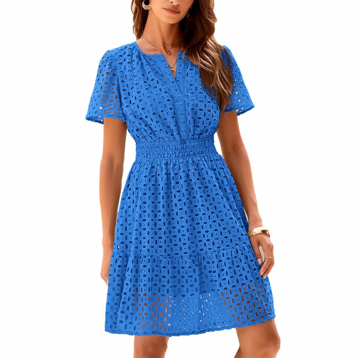 Women’s Eyelet Lace A-Line Summer Dress – V-Neck Ruffle Casual Mini Dress